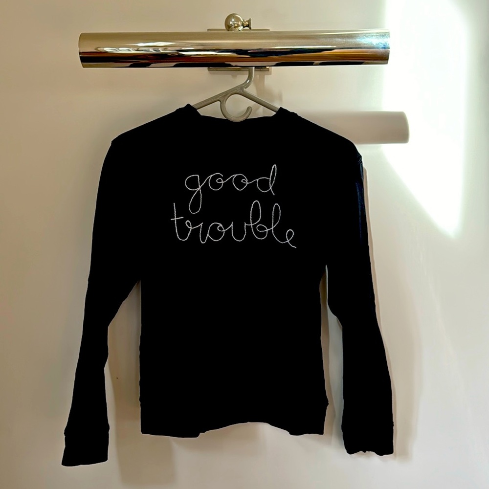 Coveted Lingua Franca hand stitched ‘Good Trouble’ sweatshirt
